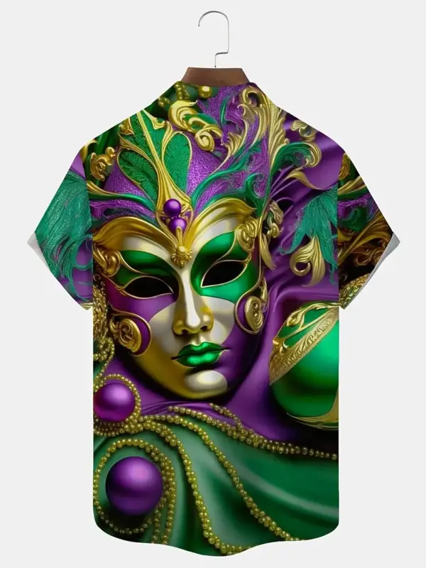 Men Short Sleeve Shirt With Mardi Gras Mask Print - Image 3