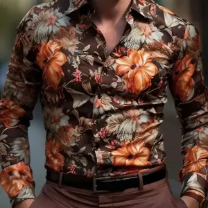 Men Long Sleeve Shirt With Floral Print In Polyester Blend