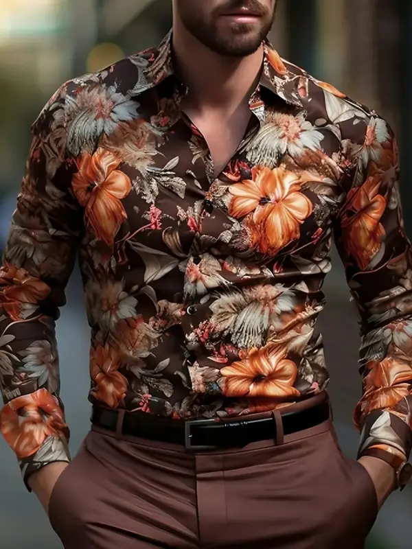 Men Long Sleeve Shirt With Floral Print In Polyester Blend