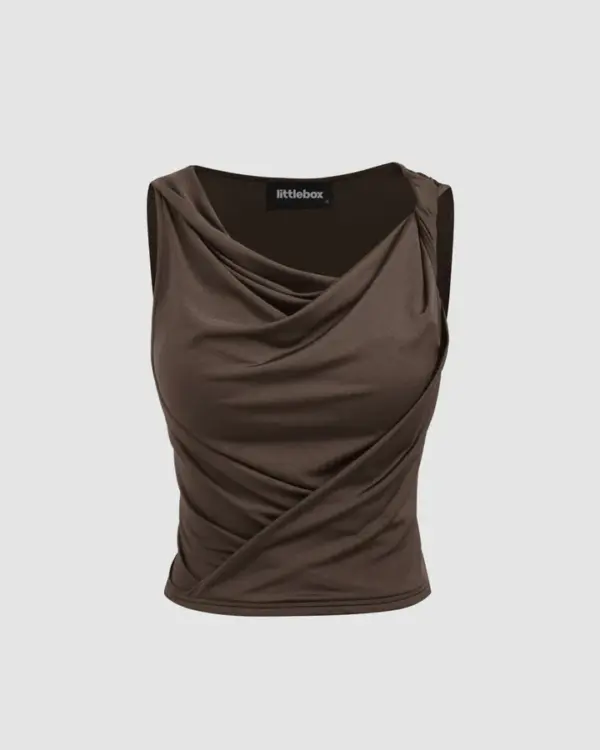 Cowl Neck Knotted Crop Tank Top In Brown - Image 4