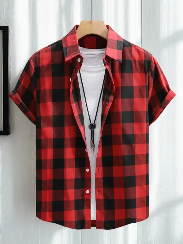 Men Classic Plaid Short Sleeve Button Up Shirt