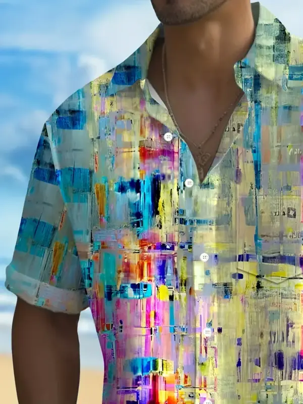 Men Short Sleeve Button Up Shirt With Vibrant Abstract Gradient Art Print - Image 3