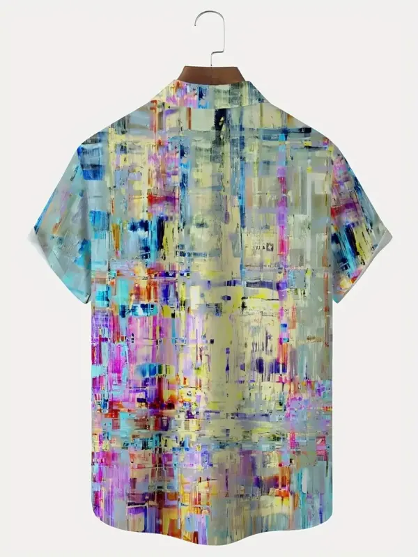 Men Short Sleeve Button Up Shirt With Vibrant Abstract Gradient Art Print - Image 2