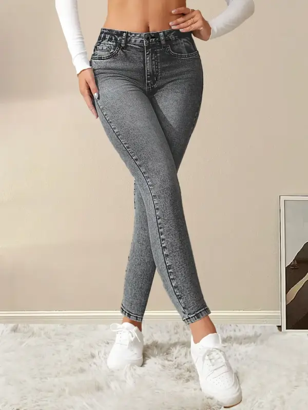 Elegant High Rise Jeans Button Skinny Pants - Image 4