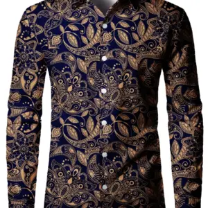 Men Long Sleeve Shirt With Unique Floral Print Polyester