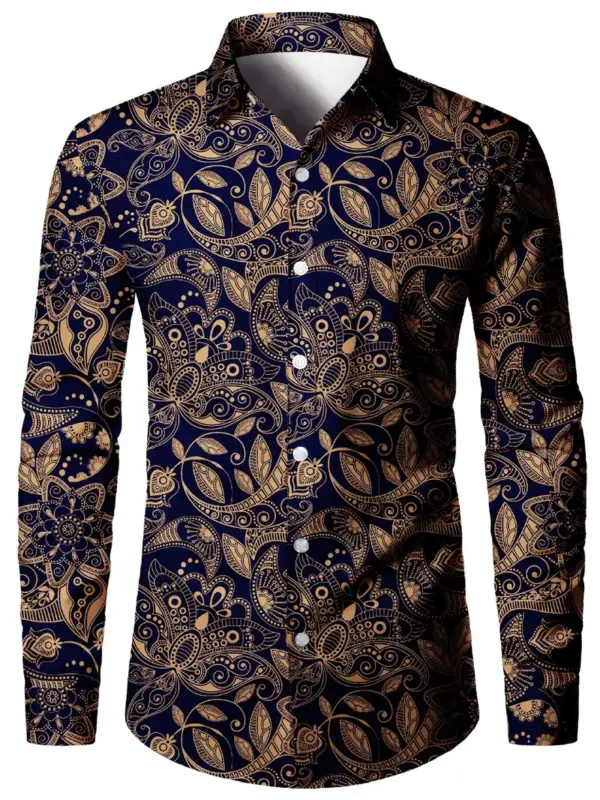 Men Long Sleeve Shirt With Unique Floral Print Polyester